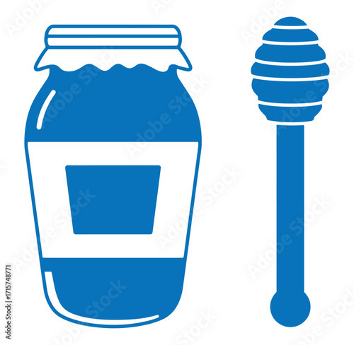 Blue illustration of a jar of honey with a honey dipper on a white background