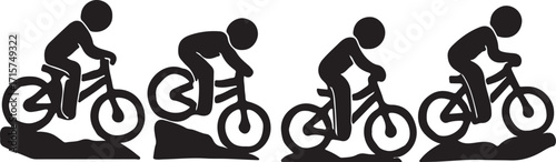 Mountain Biking Silhouettes – Minimalist Vector Set of 4 Cyclists on Rugged Terrain in Black and White Flat Design
