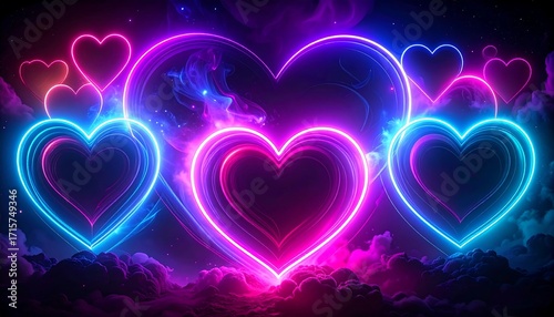 Glowing neon hearts in various sizes float against a dark sky with wispy clouds, evoking romance