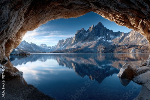 Serene Mountain Lake View from Inside a Cave