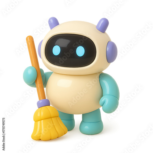 Cute Cleaning Robot with Broom Ready to Tidy Up.