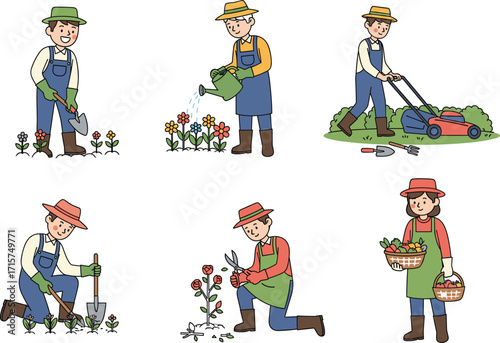 PrintGardening People Flat Vector Illustration Set: Gardeners with Trowel, Mower, and Flowers for Outdoor Hobby, Farming, and Plant Care.