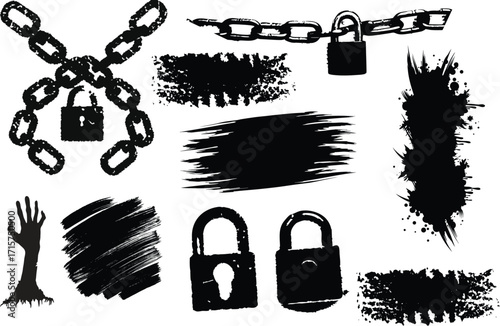 broken Chain, Lock, brush, horror hand, slash vector illustration symbol of freedom and resistance For urban art design
