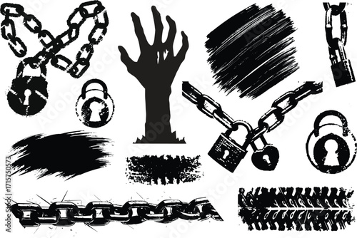 broken Chain, Lock, brush, horror hand, slash vector illustration symbol of freedom and resistance For urban art design
