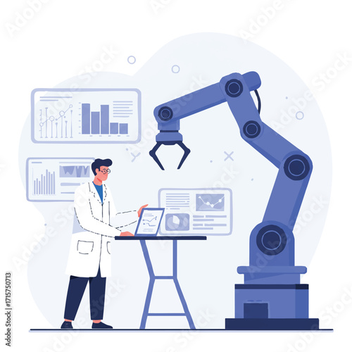 2D flat vector illustration of a human engineer in a lab coat observing and collaborating with a large robotic arm at a workstation, with data screens in the background.
