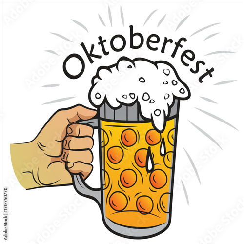 Hand grasping a large beer stein overflowing with foam, celebrating oktoberfest