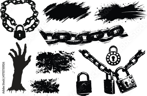 Black and white stencil of broken Chain, Lock, brush, horror hand, slash vector illustration symbol of freedom and resistance For urban art design