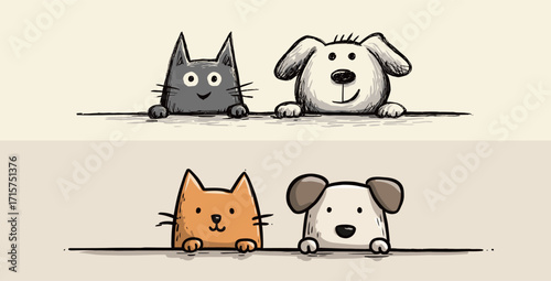 Four adorable cartoon animals display cheerful faces while peeking over a surface. The playful characters include a black cat, an orange cat, and two dogs.