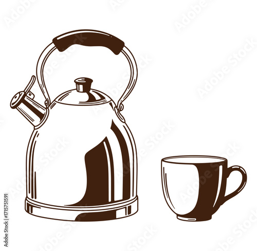 Elegant illustration of a chrome tea kettle and teacup for beverage concepts