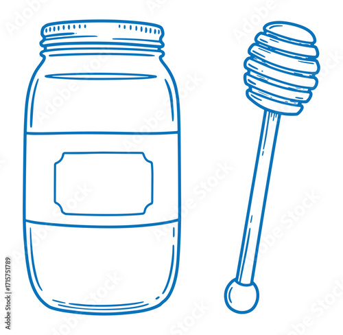 Hand drawn blue outline of honey jar and dipper for food packaging and design