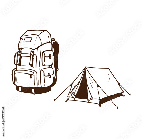 Hand drawn illustration of a backpack and a tent depicting camping and outdoor adventure