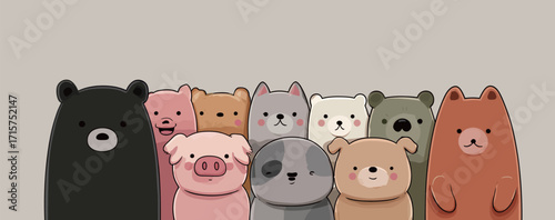 A colorful group of cartoon animals, including bears, a pig, and a dog, stand together with happy expressions. They are all looking at the viewer, creating a cheerful atmosphere.