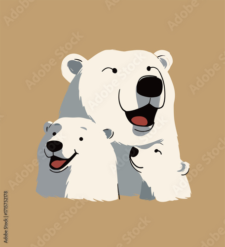 Three playful polar bears smile in a charming scene. The adult bear poses with two cubs, creating a heartwarming atmosphere filled with joy.