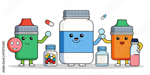 Cute cartoon medicine bottles and pills characters holding hands and smiling