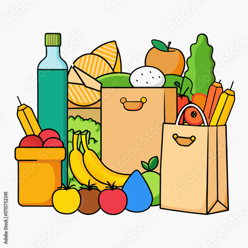 Colorful assortment of fresh groceries and shopping bags filled with healthy food