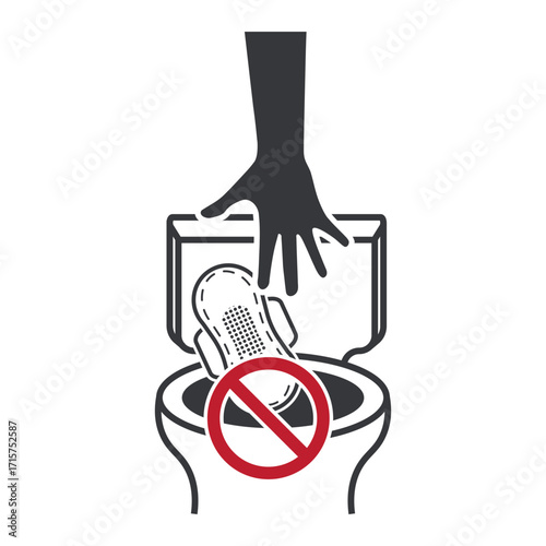 Isolated prohibition sign showing do not flush sanitary products down the toilet, hygiene instruction label for restroom, plumbing, and environment safety.