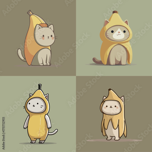 Four adorable cats are dressed in banana costumes. The playful designs showcase different cat expressions and appearances, creating a fun and lighthearted atmosphere.