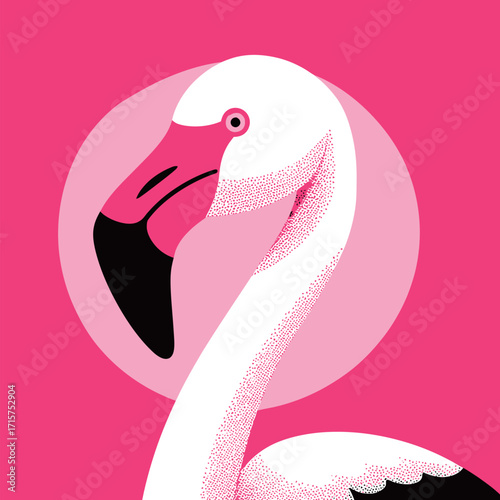 A striking flamingo stands gracefully with its long neck extended. The colorful pink background emphasizes its unique features and beauty.