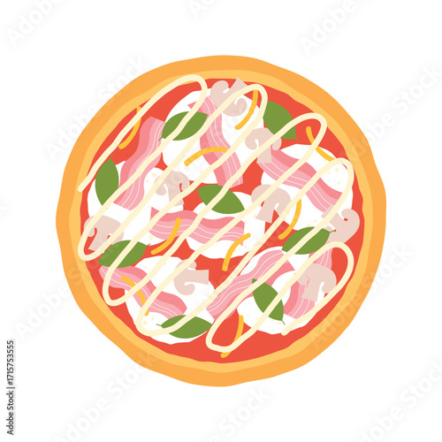 Delicious pizza with various toppings top view isolated on white background.