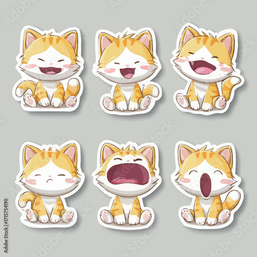 Six adorable cartoon cats with orange stripes show different emotions like happiness, sadness, and surprise. These charming characters bring joy and fun to any setting.