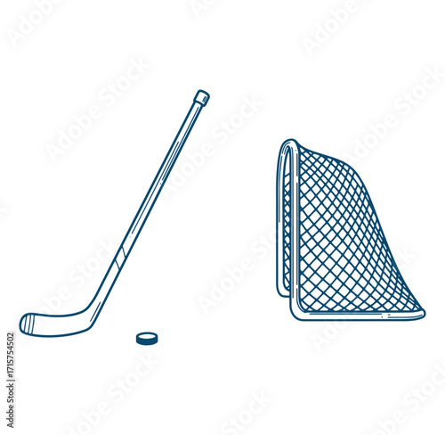 Hockey equipment illustration featuring hockey stick puck and net in outline style