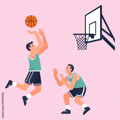 Flat design vector illustration of people playing basketball