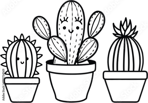 Cute Cartoon Cactus and Succulent Plants in Pots