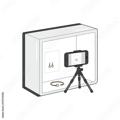 Vector art of small jewelry display case with a smartphone on a tripod for photography