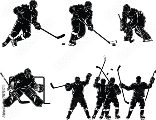 Ice hockey players silhouette vector set, team sports action design, hockey stick puck skating illustration, goalie, celebration scene artwork