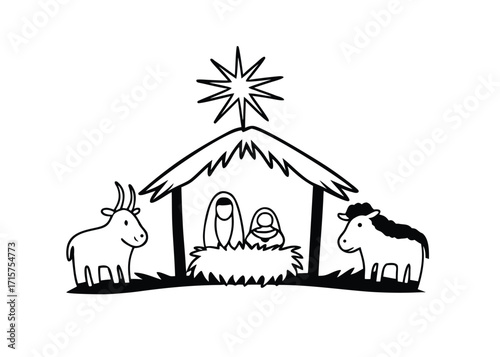 Simple Black and White Nativity Scene Illustration