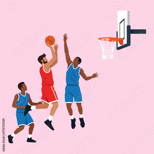 Flat design vector illustration of people playing basketball
