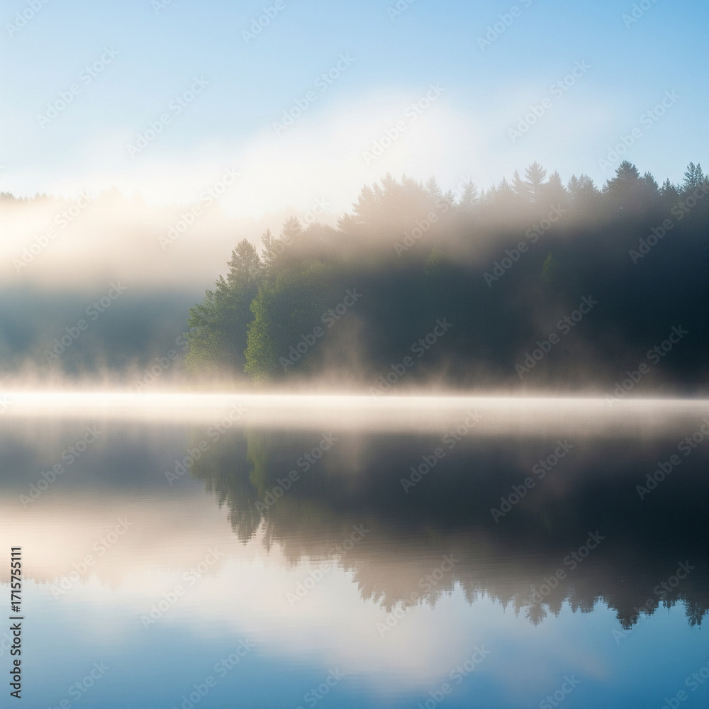 Fototapeta premium Serene Lake with Misty Forest Background Blur