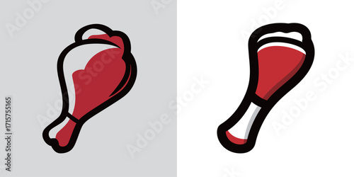 A bold graphic design showcases two chicken drumsticks in red and white, placed on contrasting gray and white backgrounds. The illustration highlights the playful food art style.