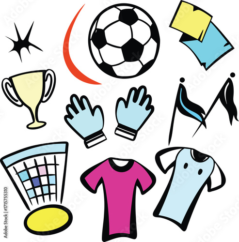 Black and white vector icons of soccer balls, cups, and other sports symbols for a competitive championship game