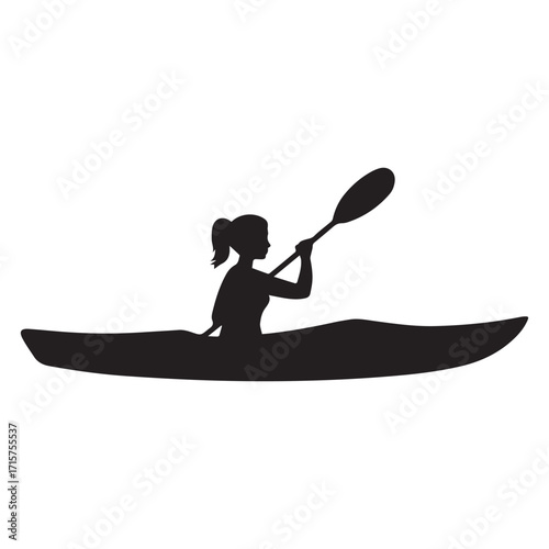 Black Silhouette of Kayaker Paddling a Kayak on White Background
