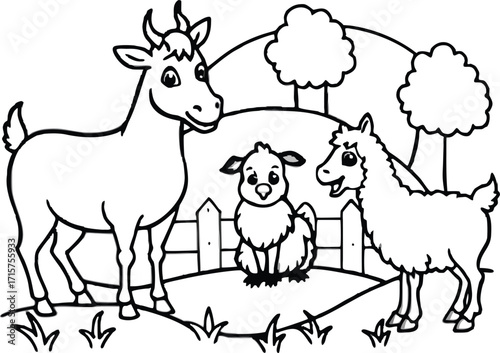 Goat Family Coloring Page with Baby Goat and Llama
