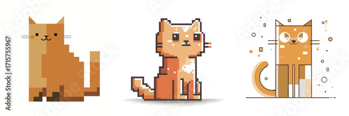 Three different orange cats are illustrated in a playful pixel art style, showcasing unique features and expressions. Each cat has its own charm and personality.