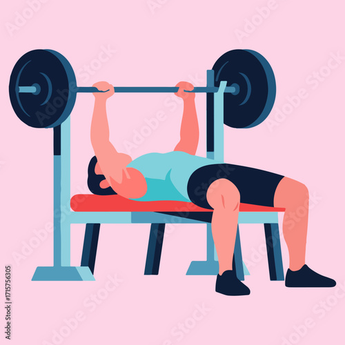 Flat design vector illustration of a person doing bench press exercise with a barbell