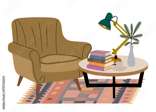 Cozy reading corner with armchair, coffee table, books, lamp, tea, vase, and rug. Modern flat vector illustration, perfect for home, interior, and lifestyle designs