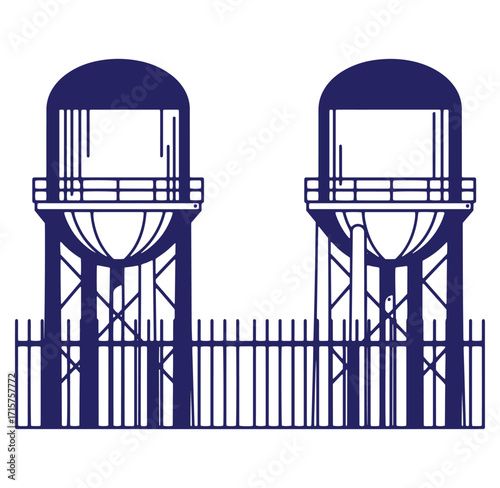 Silhouetted illustration of two water towers behind a fence in a modern minimalist style