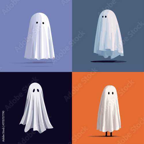 Four playful ghost characters appear in varying colors and poses. Each ghost wears a simple white sheet, showcasing a cute, friendly design perfect for Halloween celebrations.