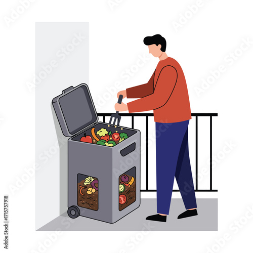 Vector art of man adding food scraps to a compost bin on a balcony, promoting sustainable living and waste reduction