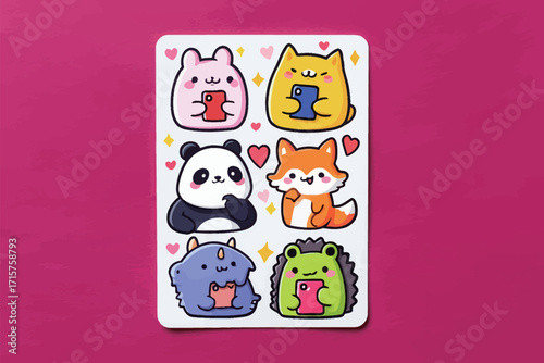 Colorful cartoon stickers display adorable animals like a panda, fox, and cat holding phones and surrounded by hearts, creating a fun and cheerful atmosphere.