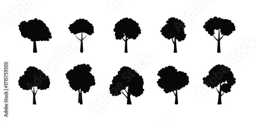 Black silhouettes of various trees, different deciduous forest tree silhouette, vector illustration.