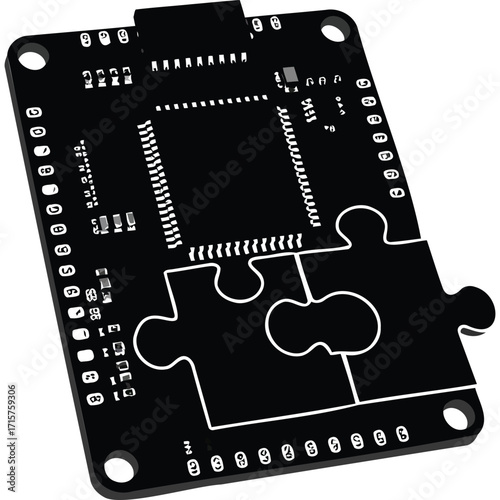 Circuit Board Puzzle Piece Technology Concept connection problem solving innovation solution electronics computer digital hardware engineering