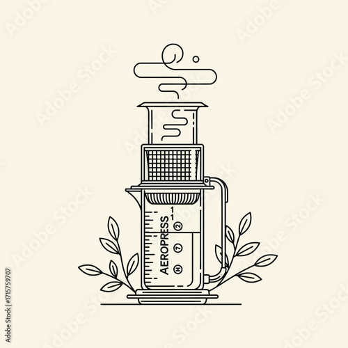 Aeropress Coffee Maker with Steaming Coffee and Botanical Elements.