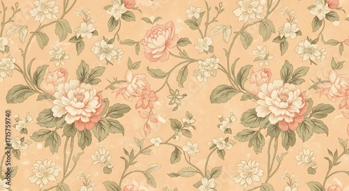 A delicate floral pattern showcases a repeating design of pastel-colored blooms on a soft, peachy-beige background.  The detailed blossoms and foliage create an elegant and timeless aesthetic.