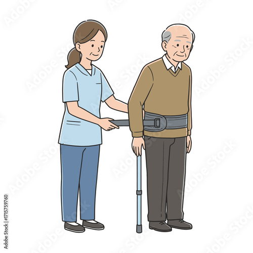 Vector art of a caregiver assists an elderly man with a walker, demonstrating support and care in a healthcare setting