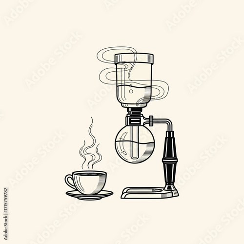 Hand drawn illustration of a vintage siphon coffee maker and a steaming cup.