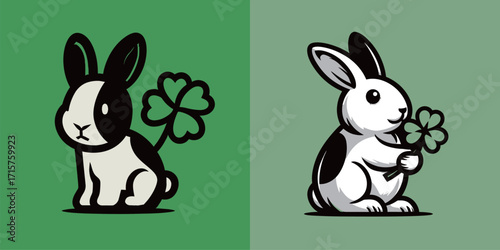 Two adorable rabbits are featured, one with a black and white pattern, the other fully white. Each rabbit holds a clover, symbolizing luck in spring.